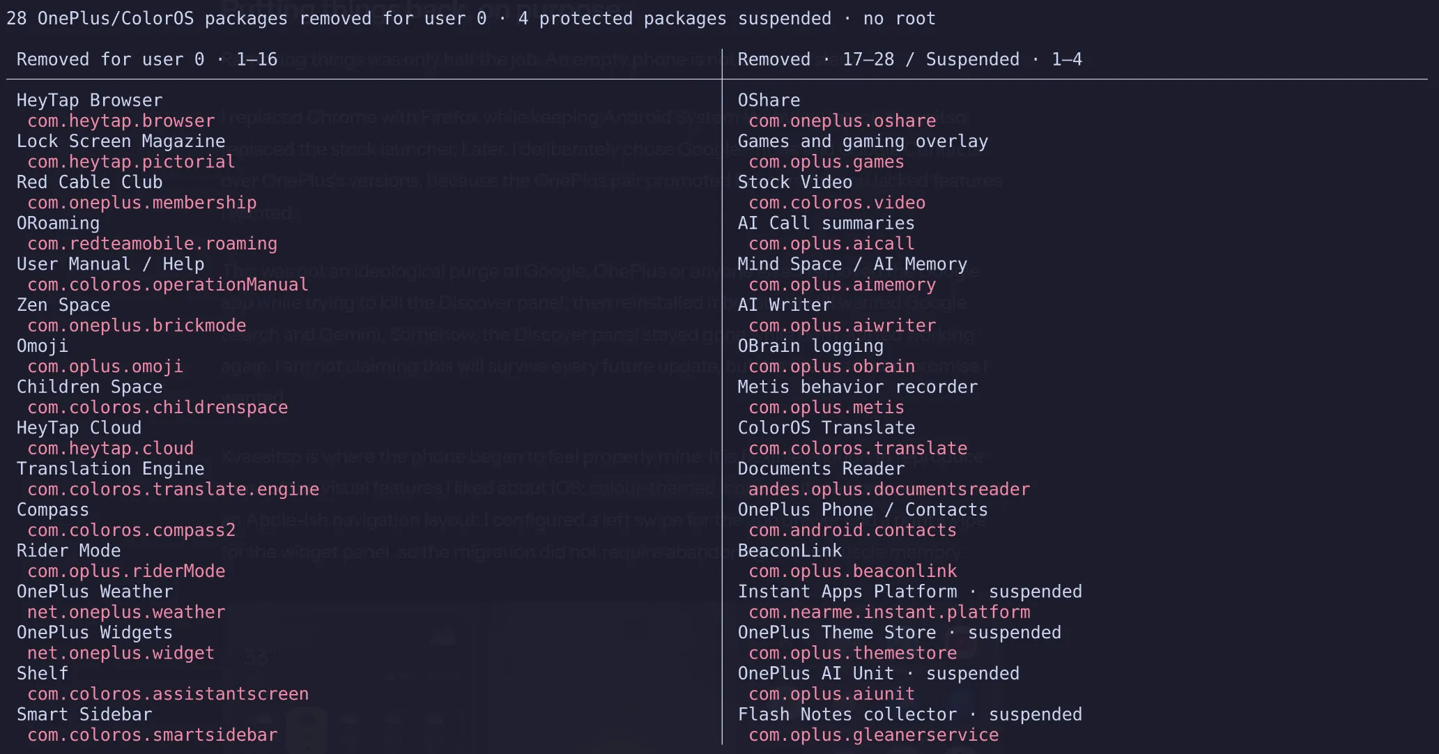 Terminal summary of 28 packages removed and four protected packages suspended