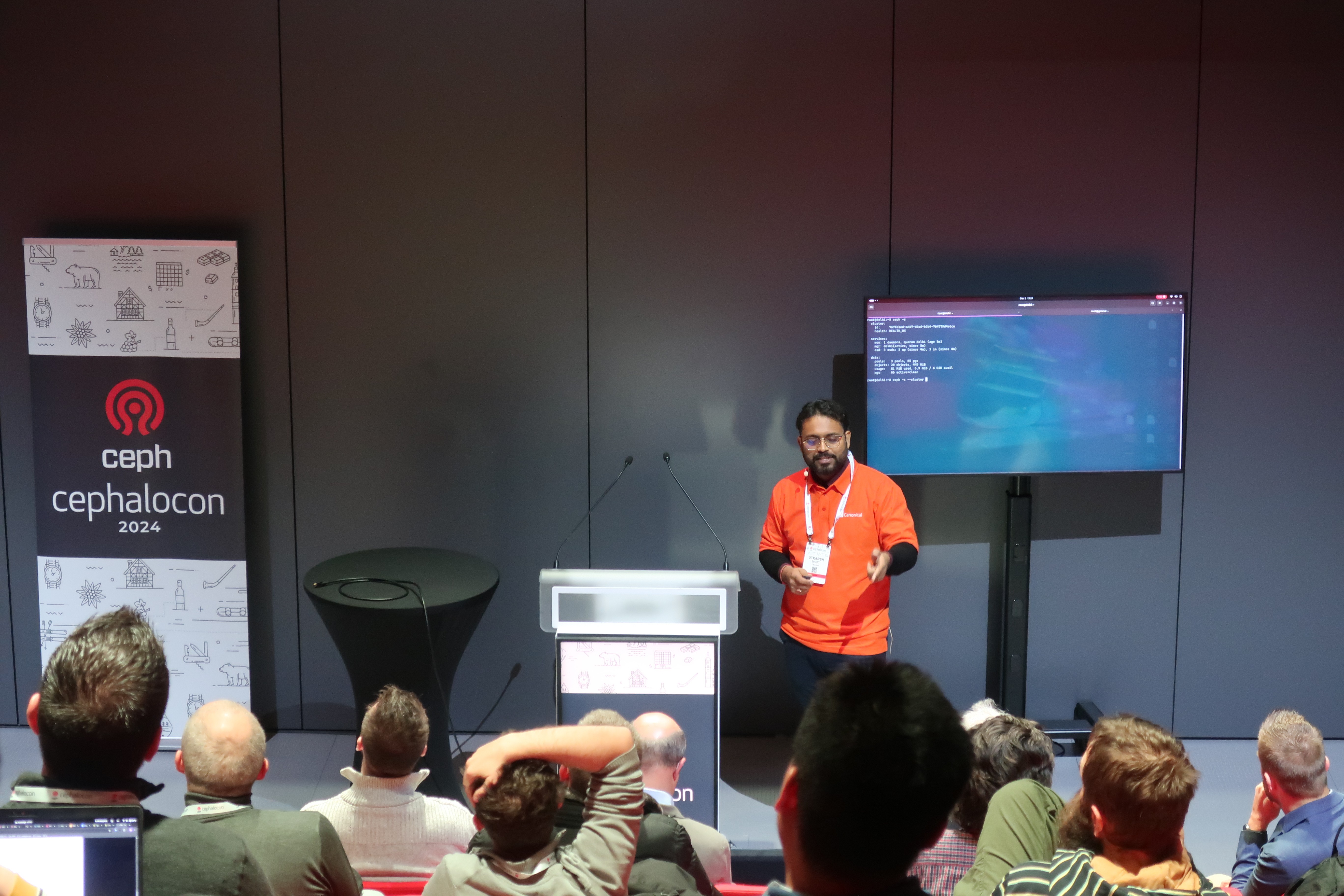 Utkarsh presenting MicroCeph remote replication at Cephalocon 2024